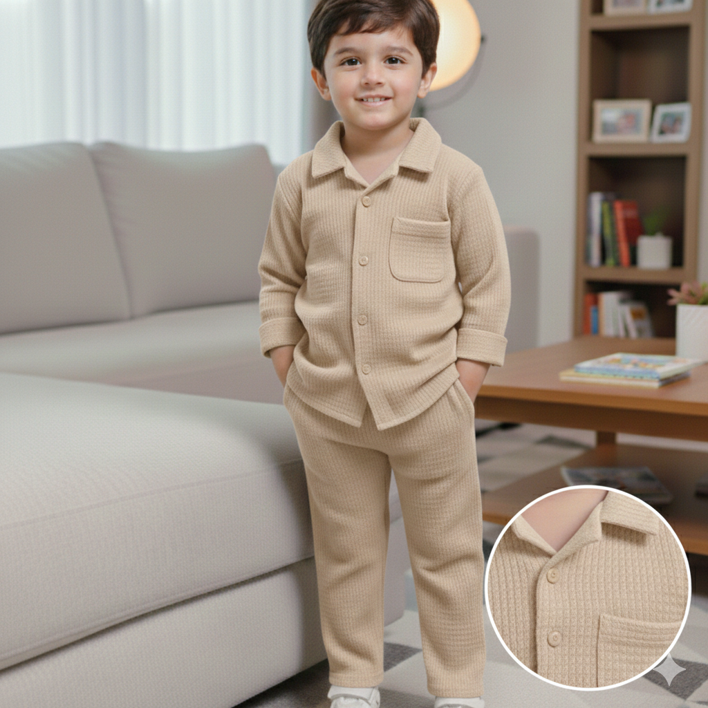 Minimalist Button Down Waffle Knit Co-ord Set for Kids