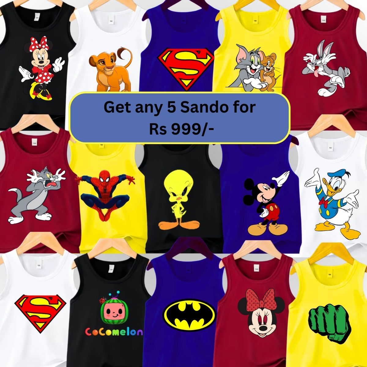 Random Deal Pack of 5 Sando Tshirts for Kids