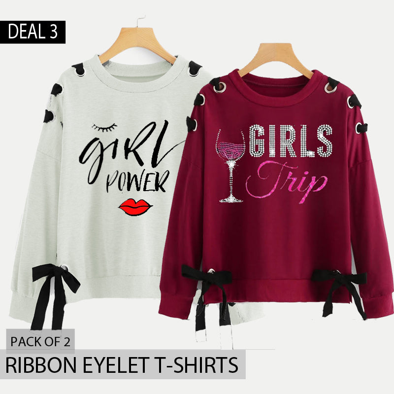 Pack of 2 Ribbon Eyelet Printed Tshirts (Deal-3)