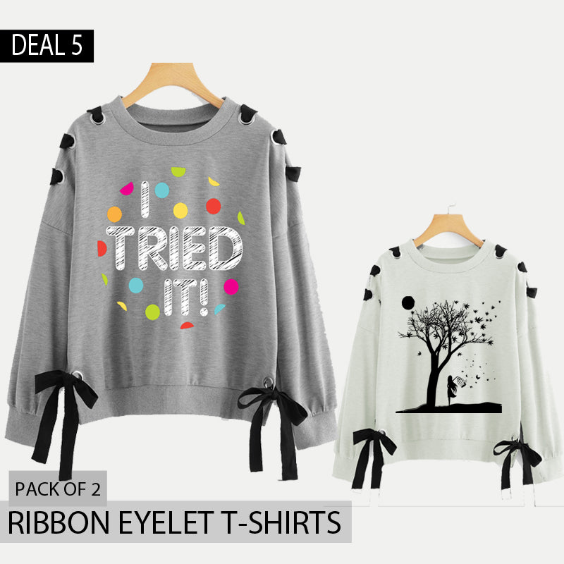 Pack of 2 Ribbon Eyelet Printed Tshirts (Deal-5)