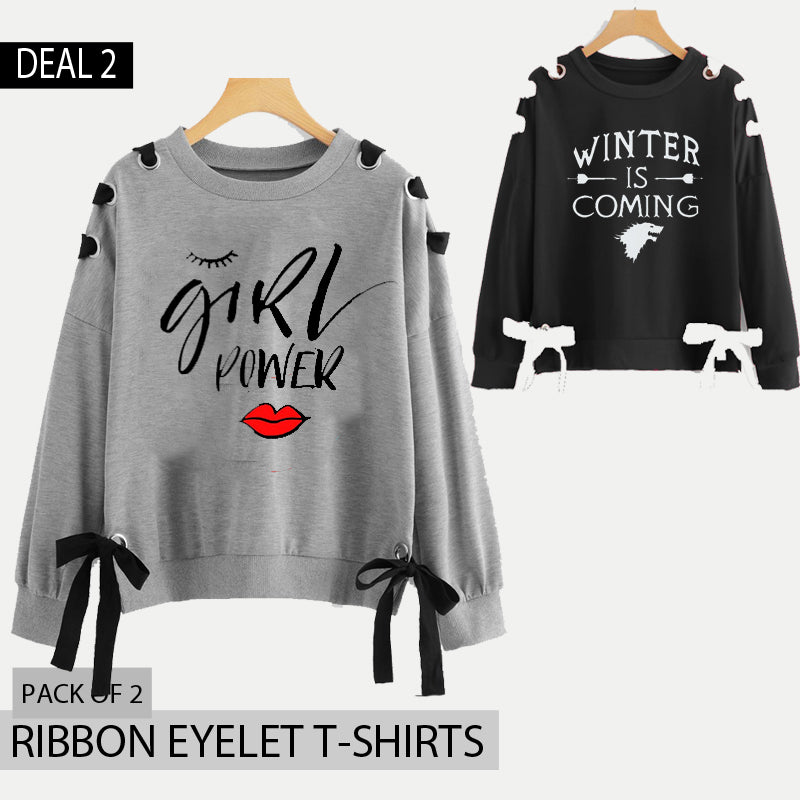 Pack of 2 Ribbon Eyelet Printed Tshirts (Deal-2)