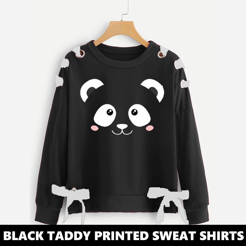 11-ELEVEN SALE: BLACK TEDDY RIBBON EYELET PRINTED SWEAT SHIRT