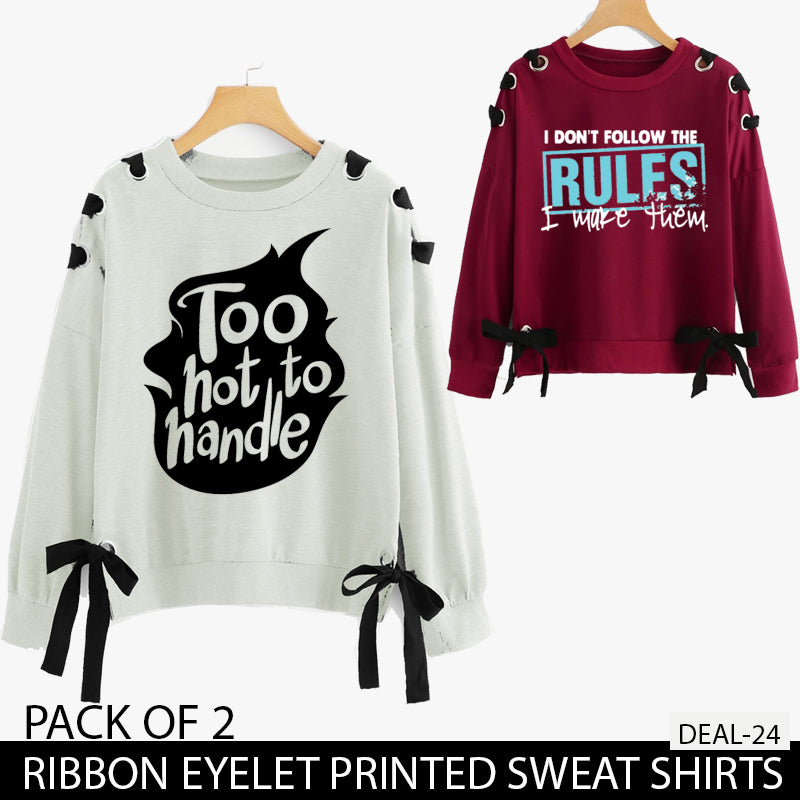 PACK OF 2 RIBBON EYELET PRINTED SWEAT SHIRTS ( DEAL 24 )