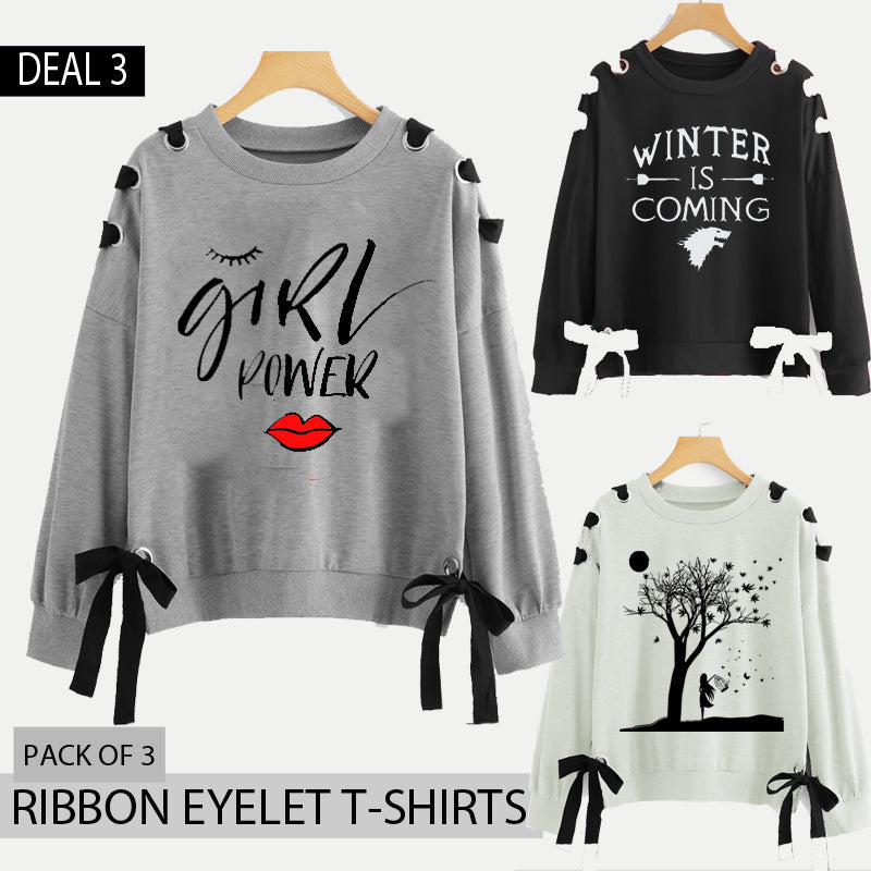 Pack of 3 Ribbon Eyelet Printed Tshirts (Deal-3)