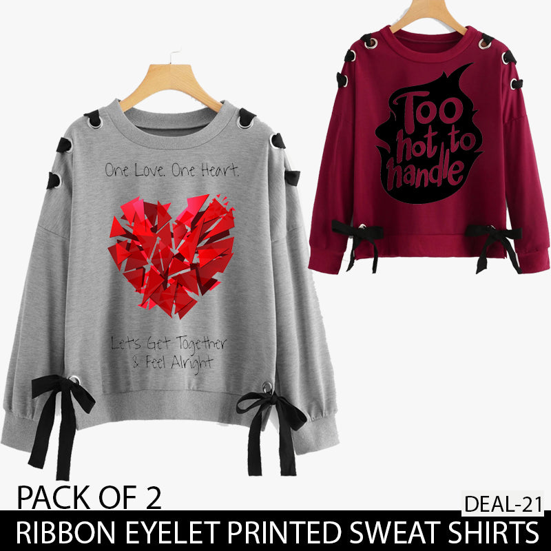 PACK OF 2 RIBBON EYELET PRINTED SWEAT SHIRTS ( DEAL 21 )