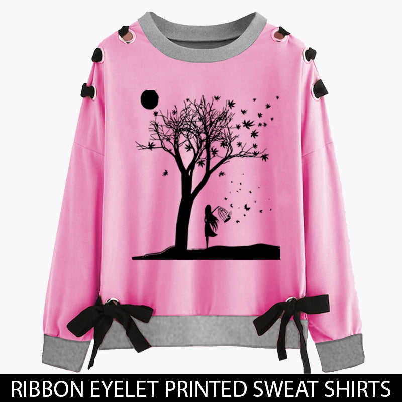 PINK RIBBON EYELET PRINTED SWEAT SHIRT