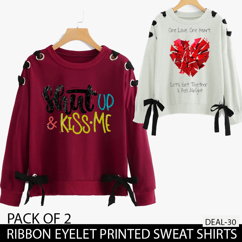 PACK OF 2 RIBBON EYELET PRINTED SWEAT SHIRTS ( DEAL 30 )
