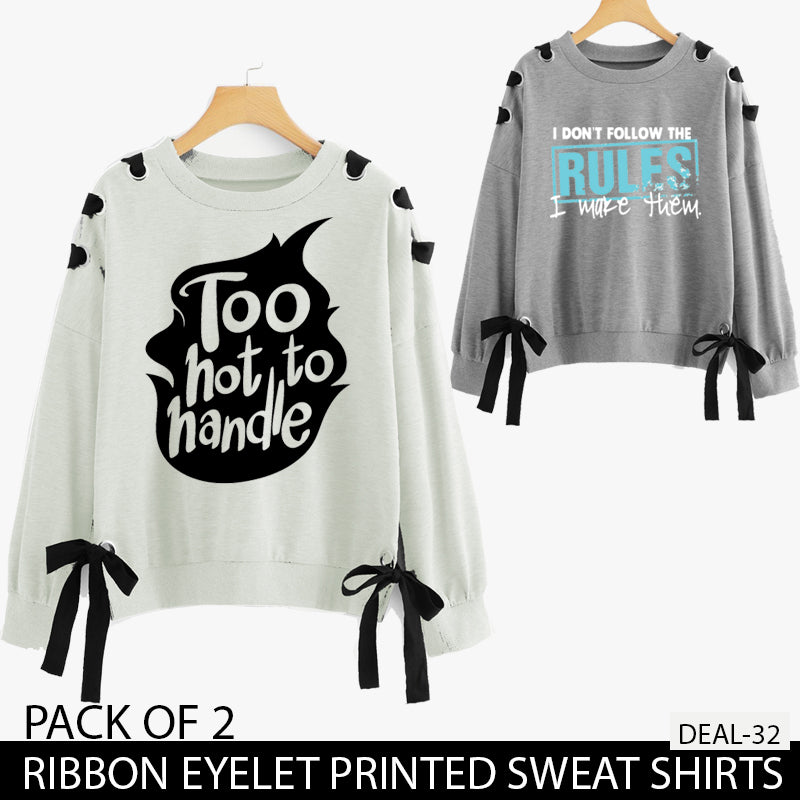 PACK OF 2 RIBBON EYELET PRINTED SWEAT SHIRTS ( DEAL 32 )