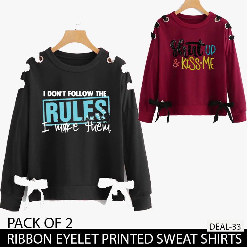 PACK OF 2 RIBBON EYELET PRINTED SWEAT SHIRTS ( DEAL 33 )
