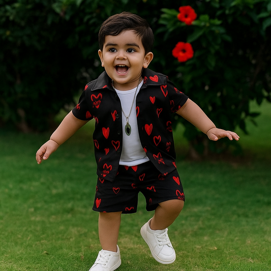 Red Hearts Black Summer Suit for Kids