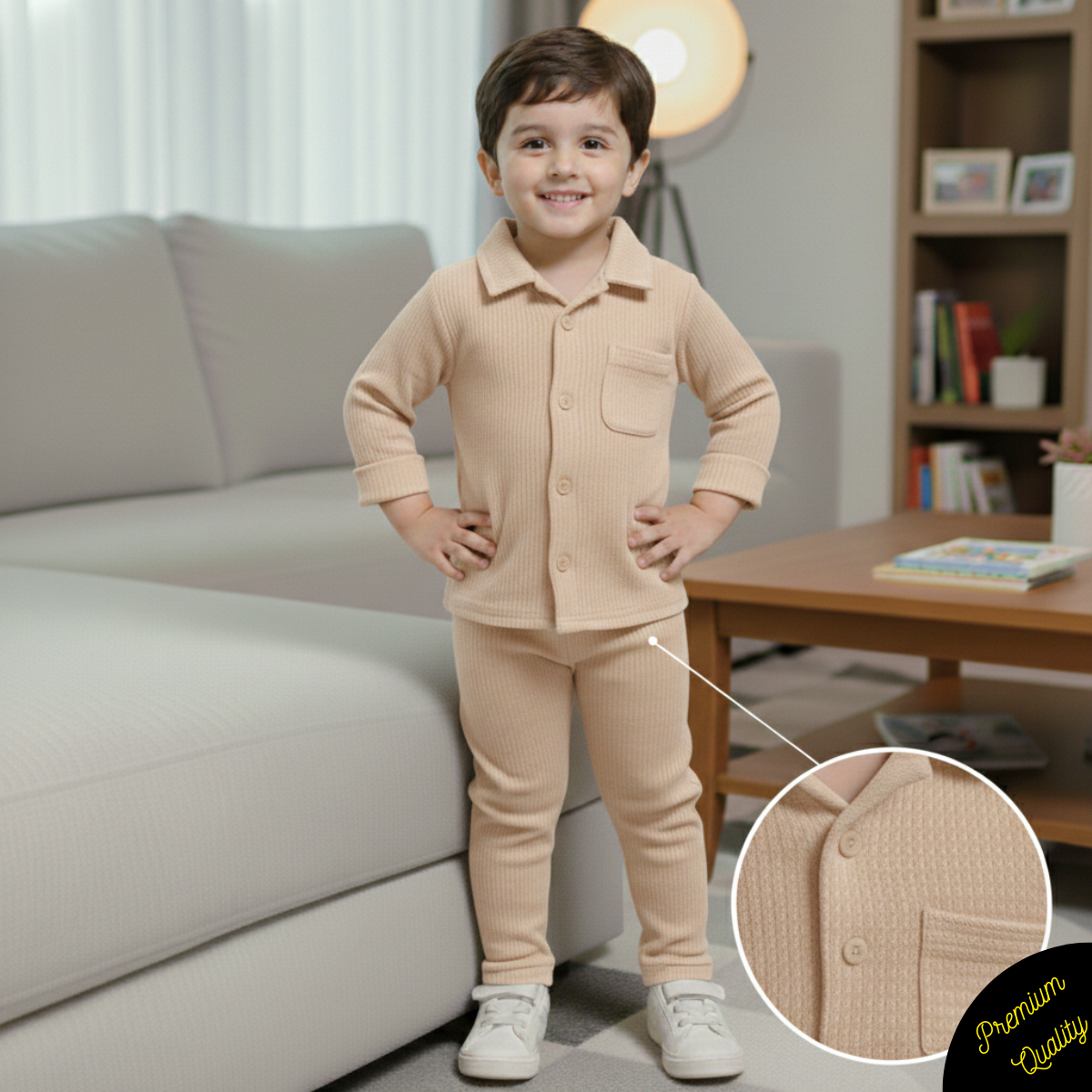 Minimalist Button Down Waffle Knit Co-ord Set for Kids