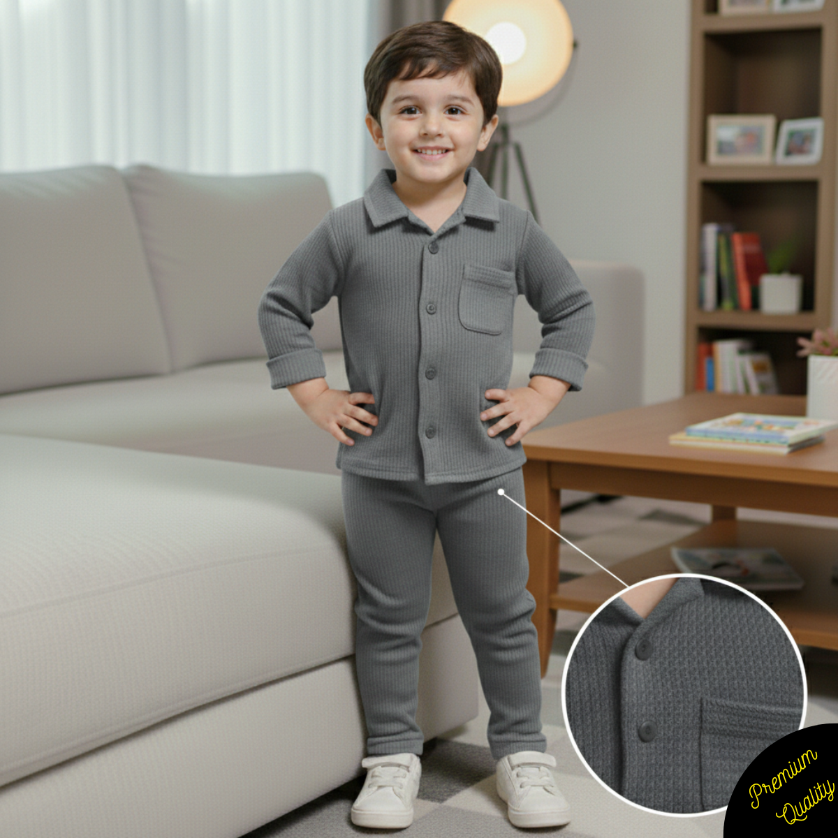 Minimalist Button Down Waffle Knit Co-ord Set for Kids