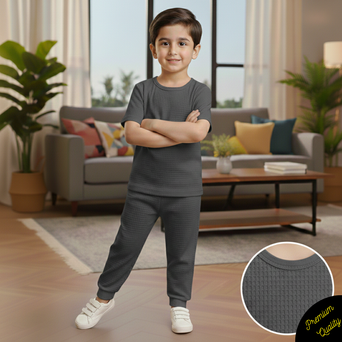 Signature Round Neck Waffle Knit Co-ord Set for Kids