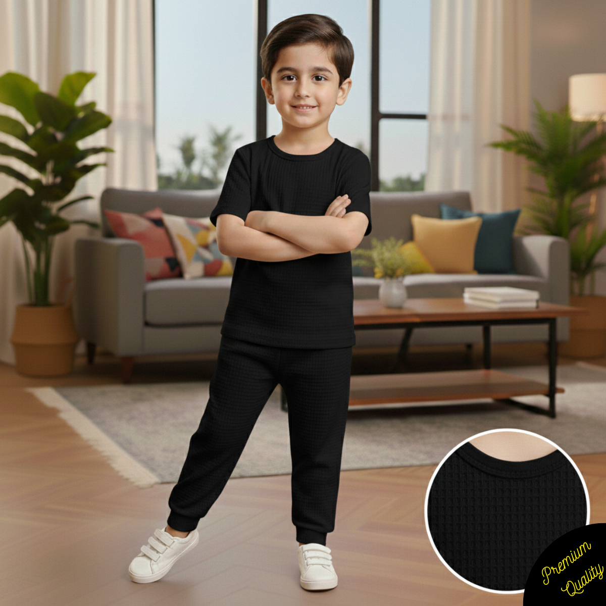Signature Round Neck Waffle Knit Co-ord Set for Kids