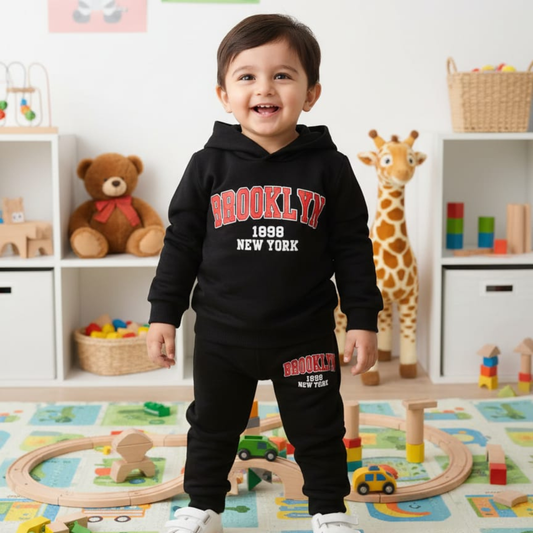 Black Hooded Printed Track Suit for Kids