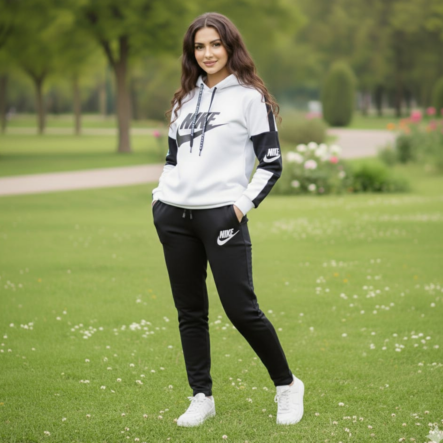 White with Black Panel NIK Tracksuit for Women