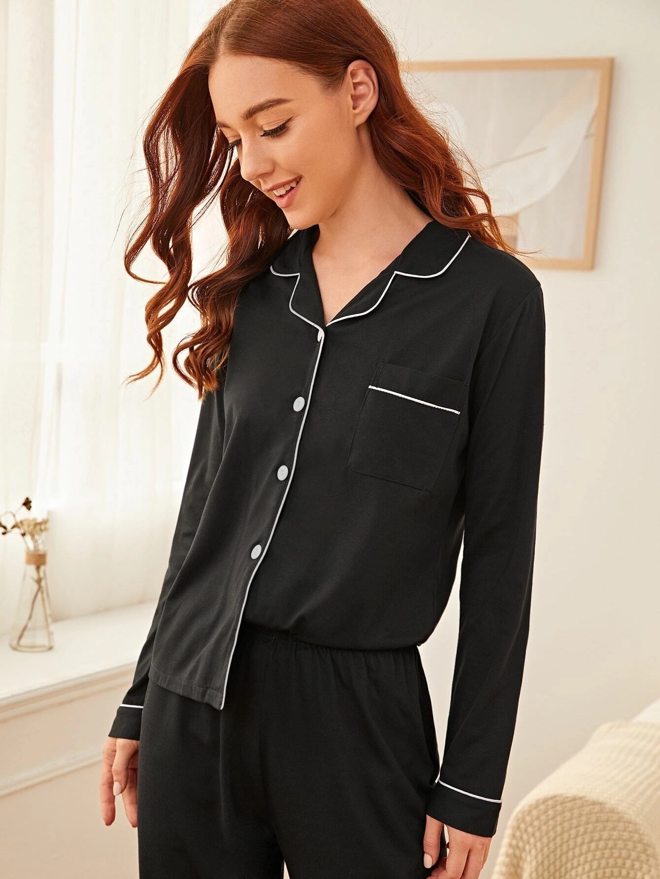 Contrast Pipin Silk Pj Set