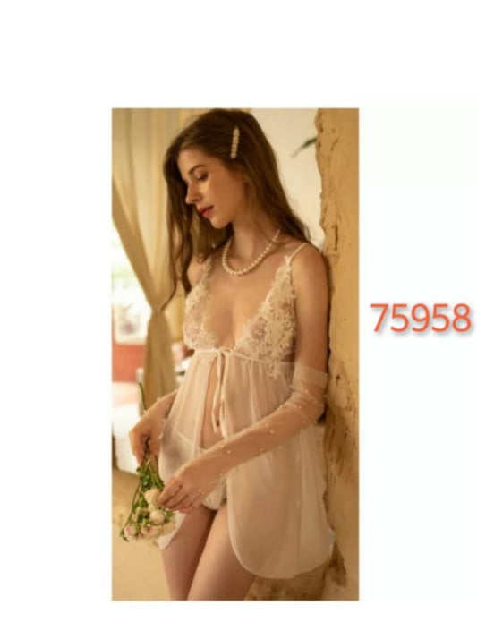 Embellished Front Open Nightwear with Thong (ART-75958)