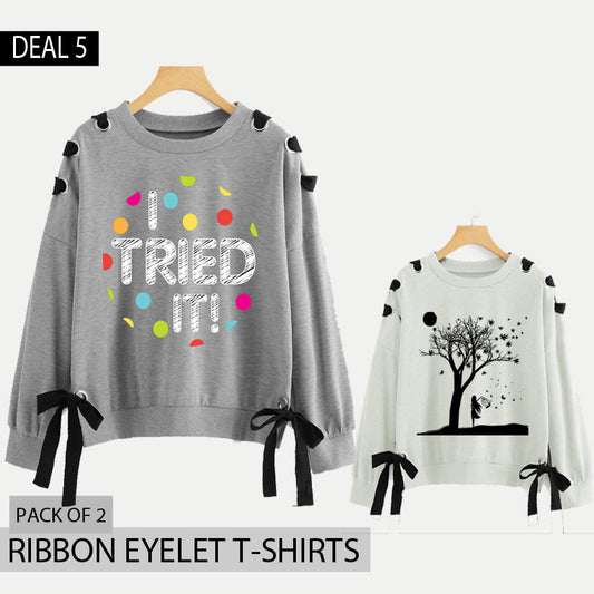 Pack of 2 Ribbon Eyelet Printed Tshirts (Deal-5)