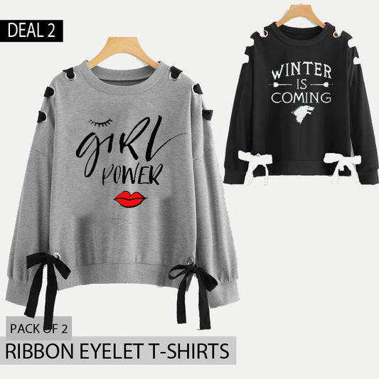 Pack of 2 Ribbon Eyelet Printed Tshirts (Deal-2)