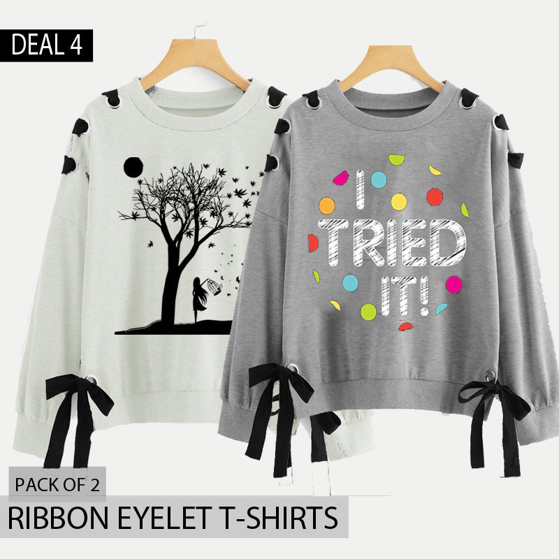 Pack of 2 Ribbon Eyelet Printed Tshirts (Deal-4)