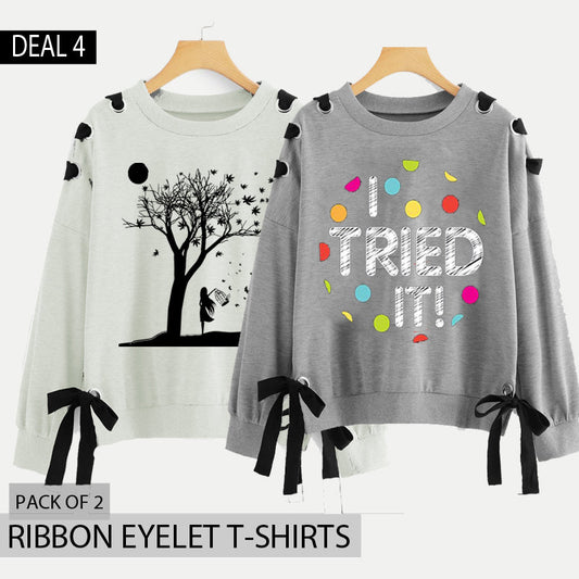 Pack of 2 Ribbon Eyelet Printed Tshirts (Deal-4)