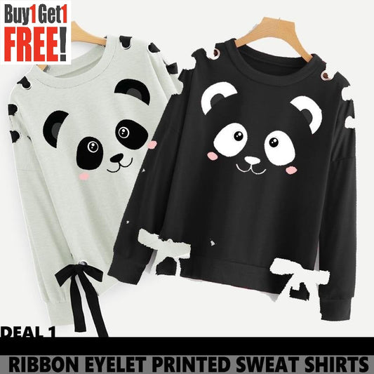 Buy 1 Get 1 Free Bear Printed Ribbon Eyelet Sweat Shirts