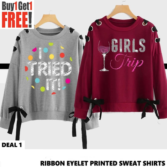 Buy 1 Get 1 Free Printed Ribbon Eyelet Sweat Shirts