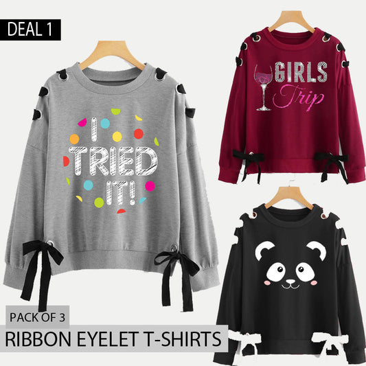 Pack of 3 Ribbon Eyelet Printed Tshirts (Deal-1)