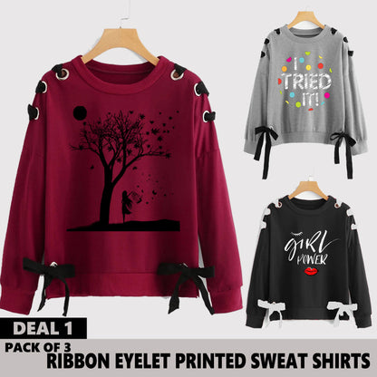 Pack of 3 Ribbon Eyelet Printed Sweat Shirts