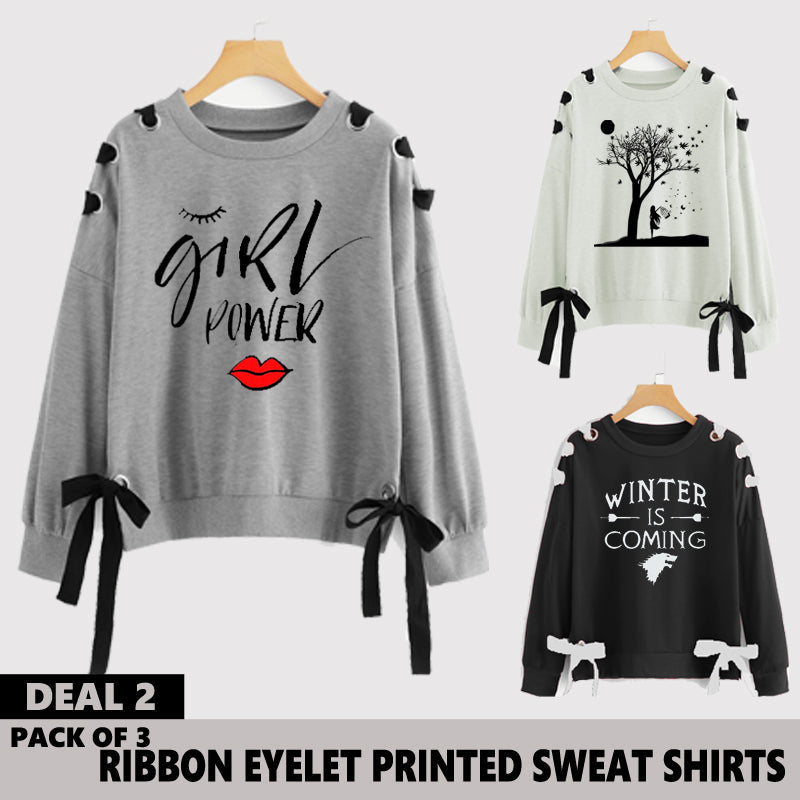 Pack of 3 Ribbon Eyelet Printed Sweat Shirts