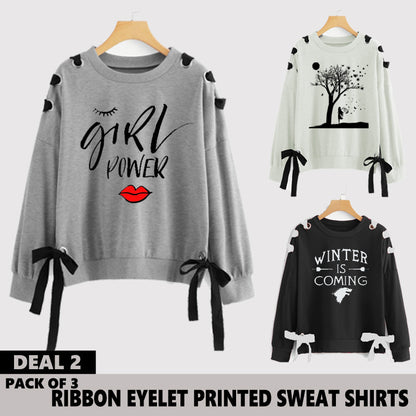Pack of 3 Ribbon Eyelet Printed Sweat Shirts