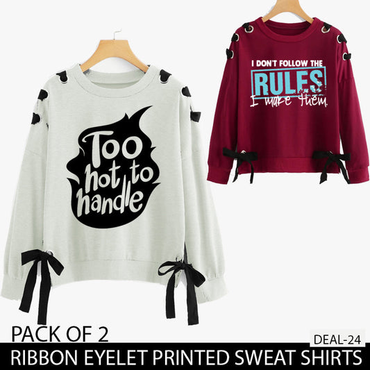 PACK OF 2 RIBBON EYELET PRINTED SWEAT SHIRTS ( DEAL 24 )
