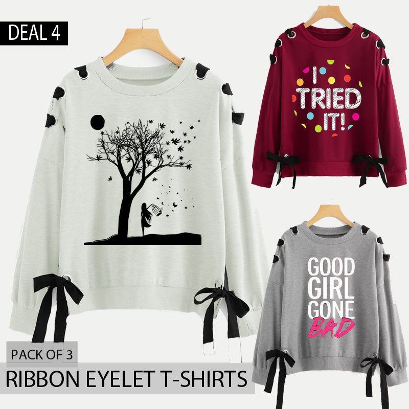 Pack of 3 Ribbon Eyelet Printed Tshirts (Deal-4)