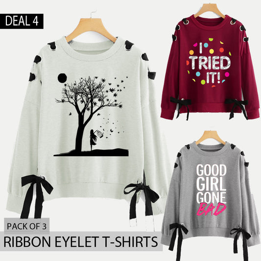Pack of 3 Ribbon Eyelet Printed Tshirts (Deal-4)