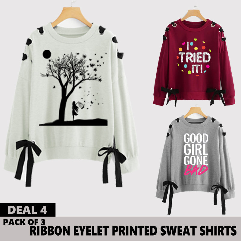 Pack of 3 Ribbon Eyelet Printed Sweat Shirts