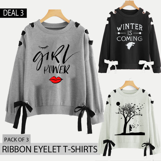 Pack of 3 Ribbon Eyelet Printed Tshirts (Deal-3)