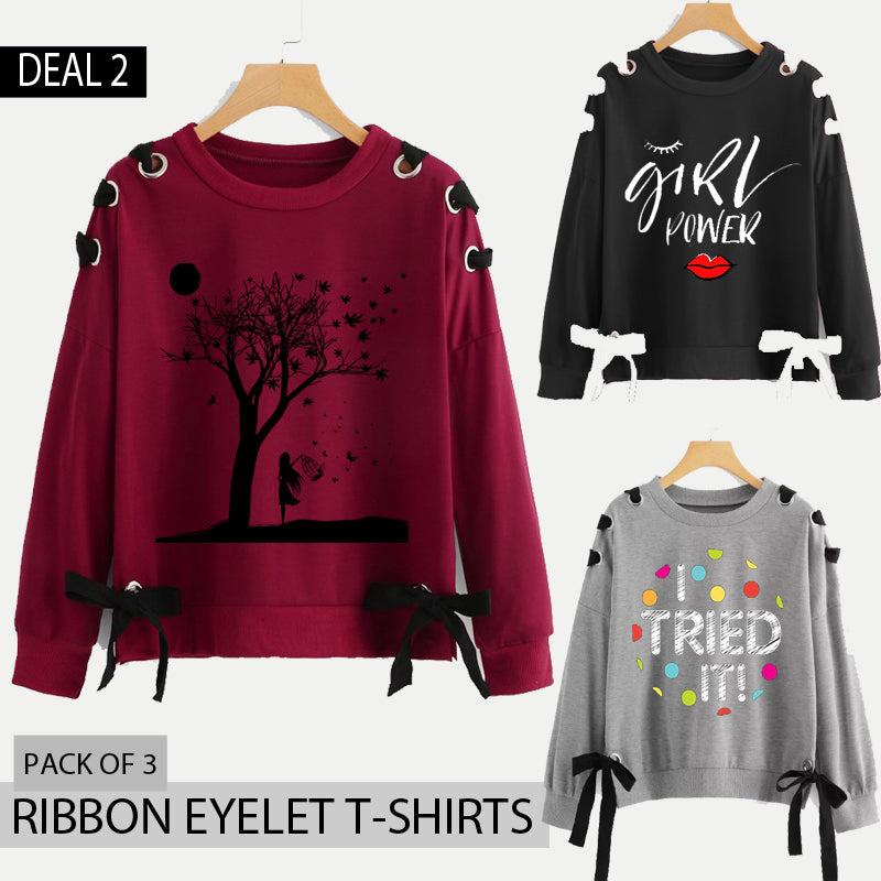 Pack of 3 Ribbon Eyelet Printed Tshirts (Deal-2)