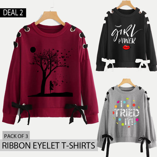 Pack of 3 Ribbon Eyelet Printed Tshirts (Deal-2)