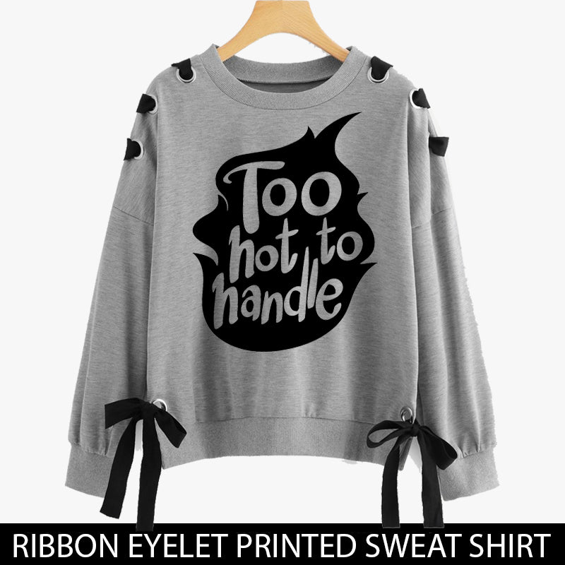 RIBBON EYELET PRINTED SWEAT SHIRTS ( TOO HOT TO HANDLE )
