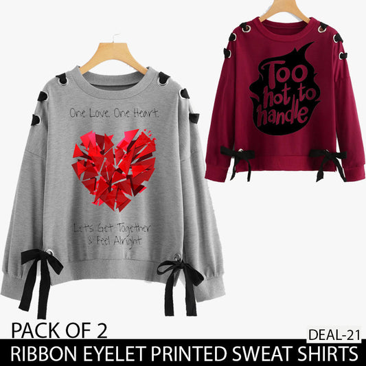 PACK OF 2 RIBBON EYELET PRINTED SWEAT SHIRTS ( DEAL 21 )