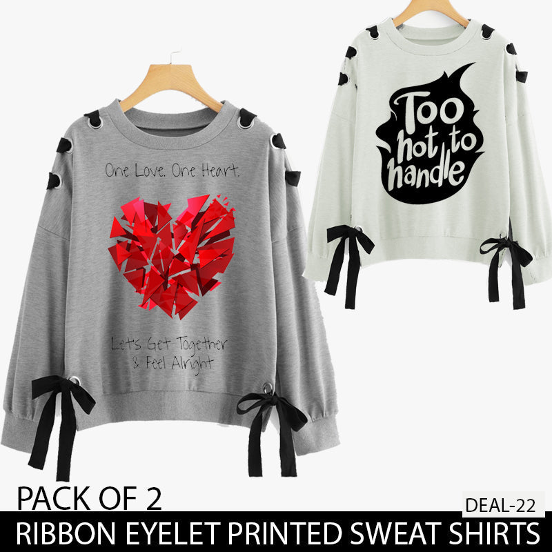 PACK OF 2 RIBBON EYELET PRINTED SWEAT SHIRTS ( DEAL 22 )
