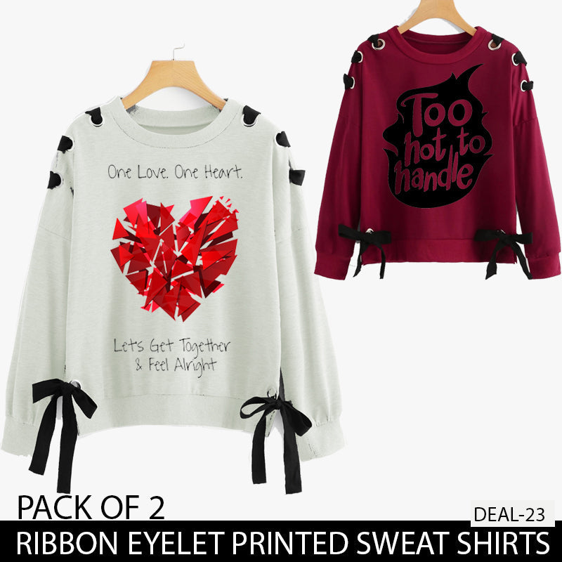 PACK OF 2 RIBBON EYELET PRINTED SWEAT SHIRTS ( DEAL 23 )
