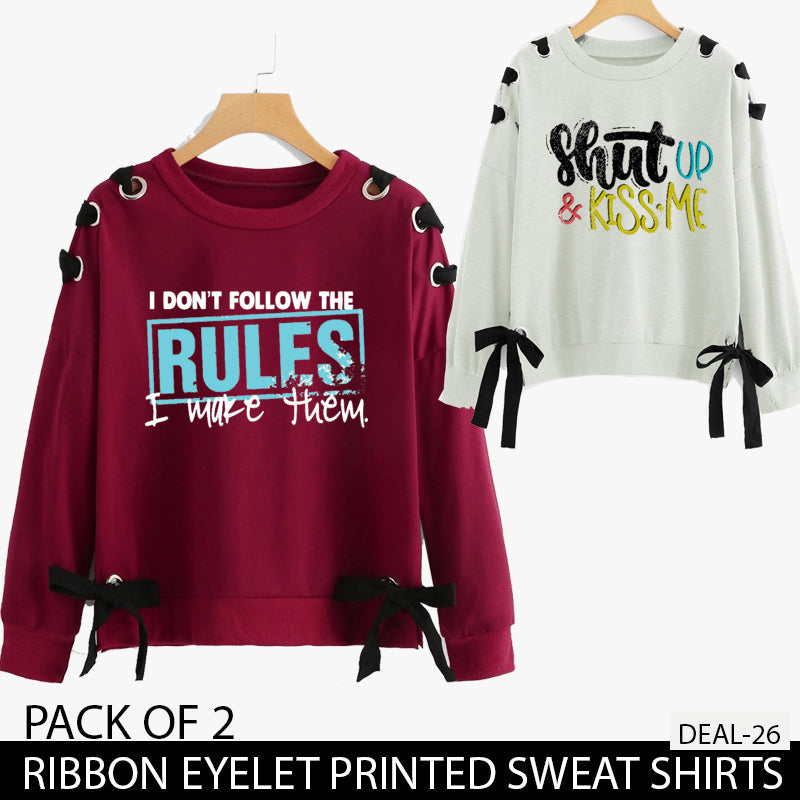 PACK OF 2 RIBBON EYELET PRINTED SWEAT SHIRTS ( DEAL 26 )