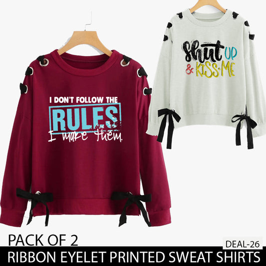 PACK OF 2 RIBBON EYELET PRINTED SWEAT SHIRTS ( DEAL 26 )