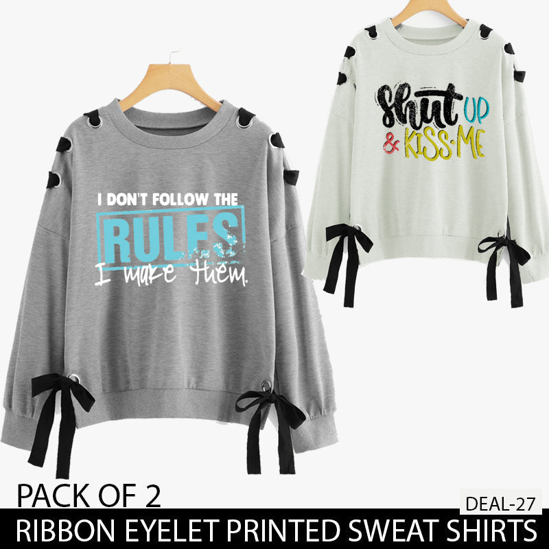 PACK OF 2 RIBBON EYELET PRINTED SWEAT SHIRTS ( DEAL 27 )