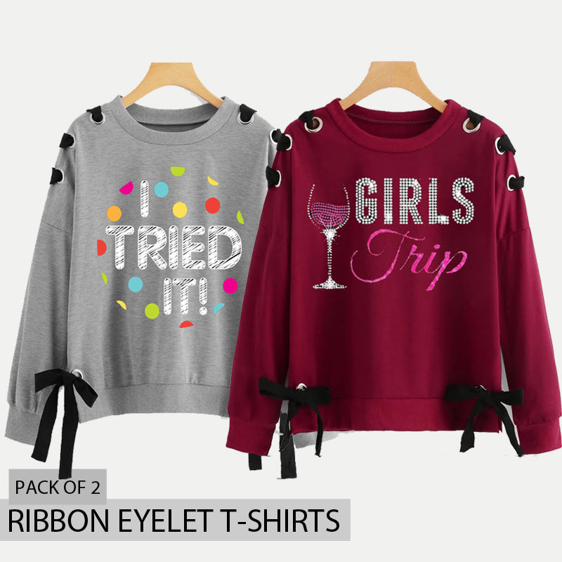 Pack of 2 Ribbon Eyelet Printed Tshirts (Deal-1)