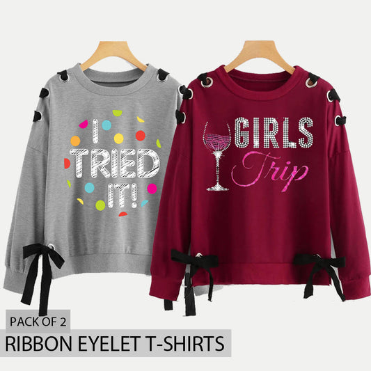 Pack of 2 Ribbon Eyelet Printed Tshirts (Deal-1)