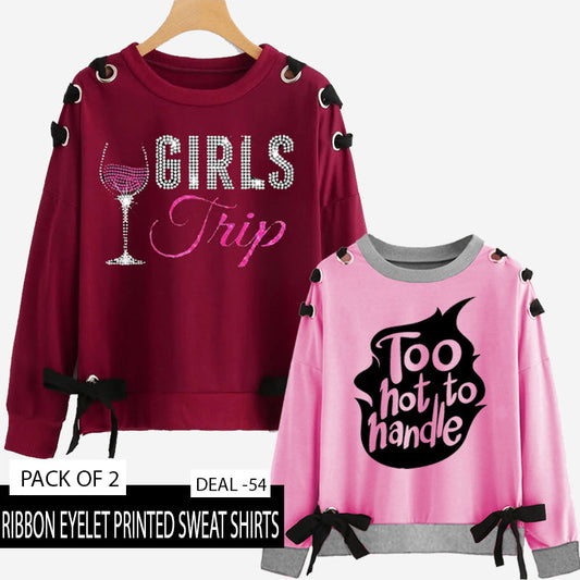 PACK OF 2 RIBBON EYELET PRINTED SWEAT SHIRT ( DEAL 54 )
