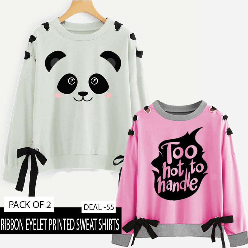 PACK OF 2 RIBBON EYELET PRINTED SWEAT SHIRT ( DEAL 55 )